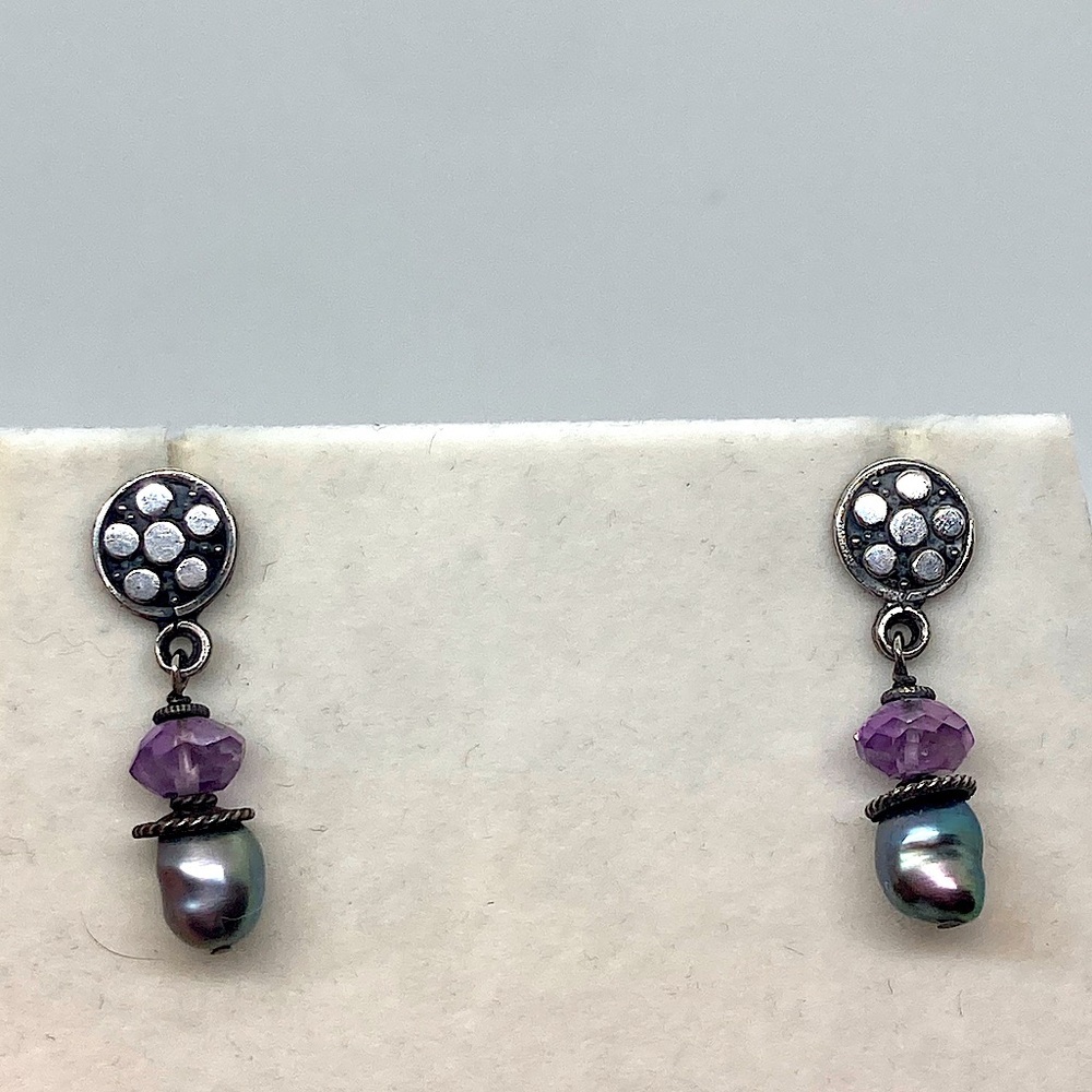 Vtg Sterling Pearl & Facet Cut Amethyst Dangle Flower Stud Earrings | 1.1” L